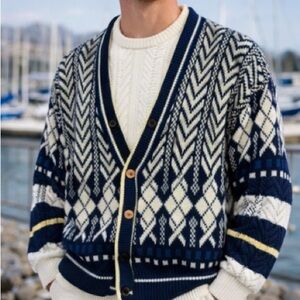 Botany 500 Navy Cream Geometric Knit Cardigan Sweater‎ V Neck Medium Korea